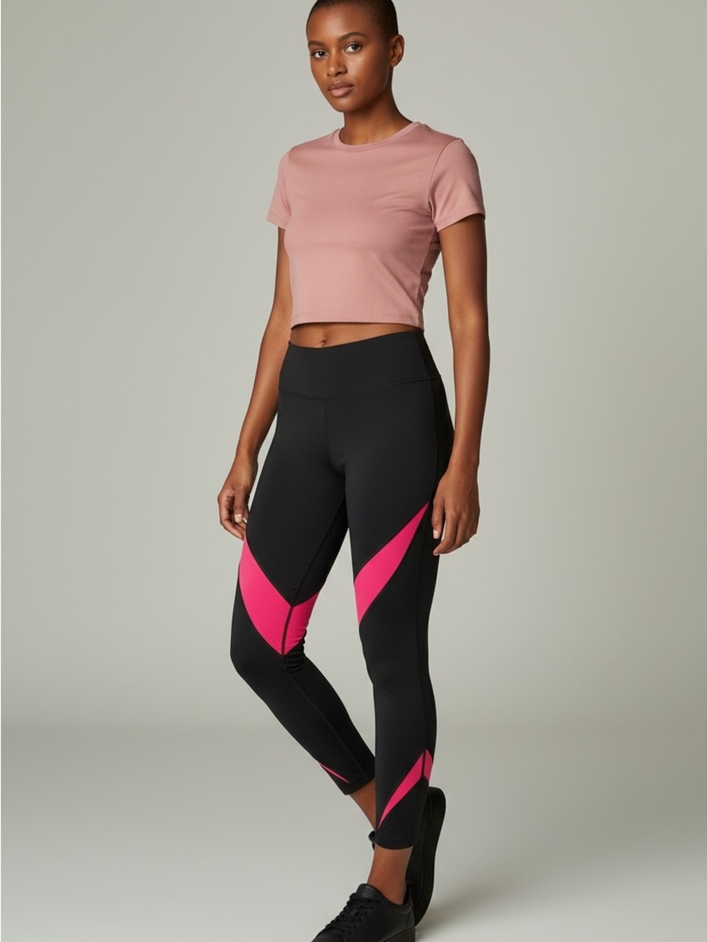 Livi Active Black Leggings with Bright Pink Diagonal Panels